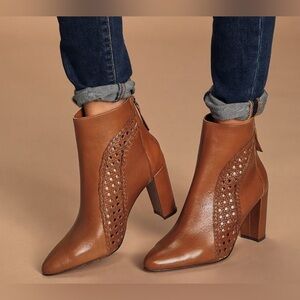 Matisse Tan Braided Cutout Leather Ankle Boot Heel Size 6.5